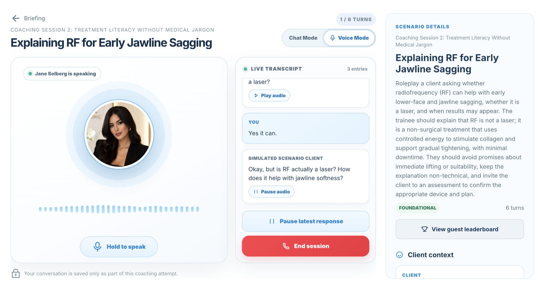 An AI Coach session: a simulated client asks about RF skin tightening while a live transcript shows the conversation.