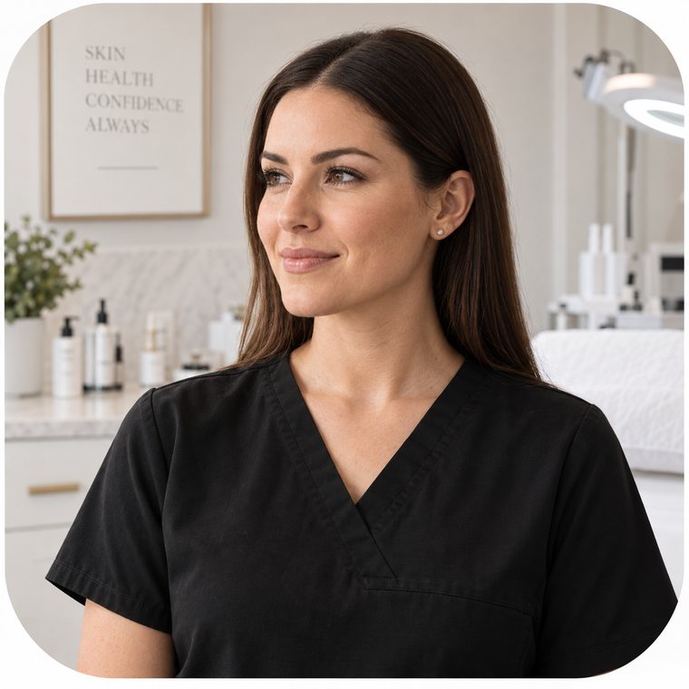 An aesthetician in black scrubs in a medspa treatment room