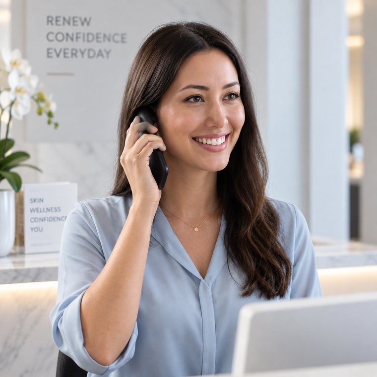 A front desk coordinator taking a patient call at a medspa reception desk