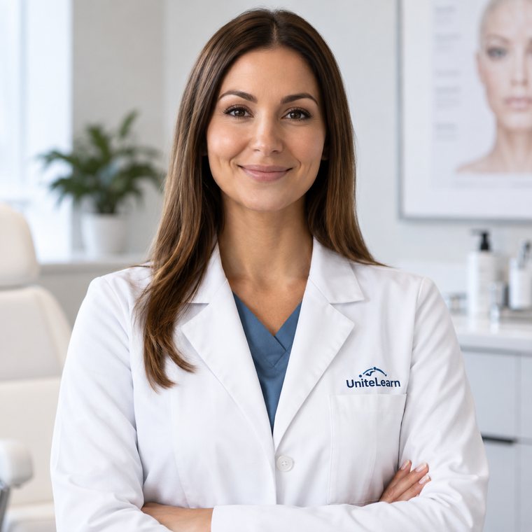 A nurse injector in a white V-Unite Learn coat in a treatment room