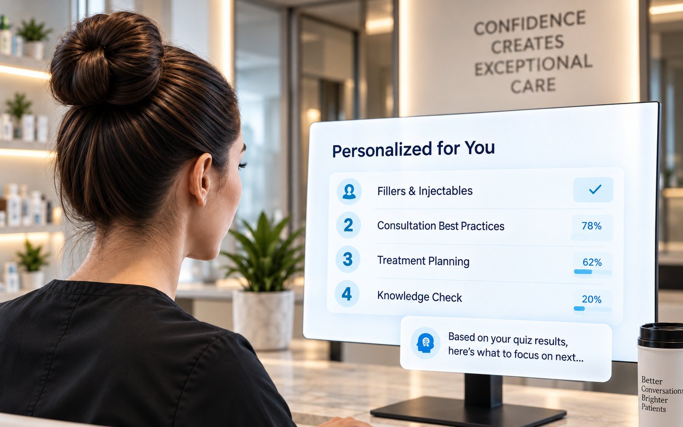 A learner reviewing her personalized V-Unite Learn path — fillers and injectables complete, consultation best practices, treatment planning and a knowledge check still in progress
