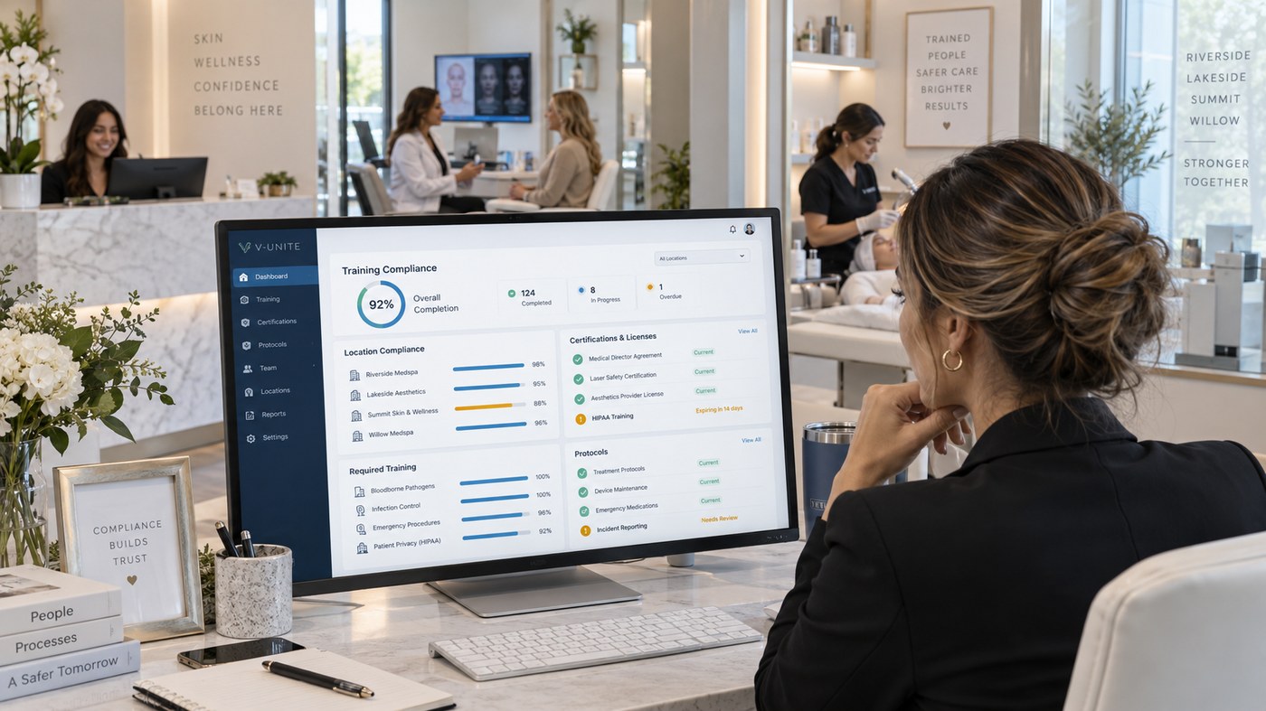 A practice leader reviewing the V-Unite training compliance dashboard — overall completion, per-location compliance, certifications and licences, required training and protocols — across four medspa locations