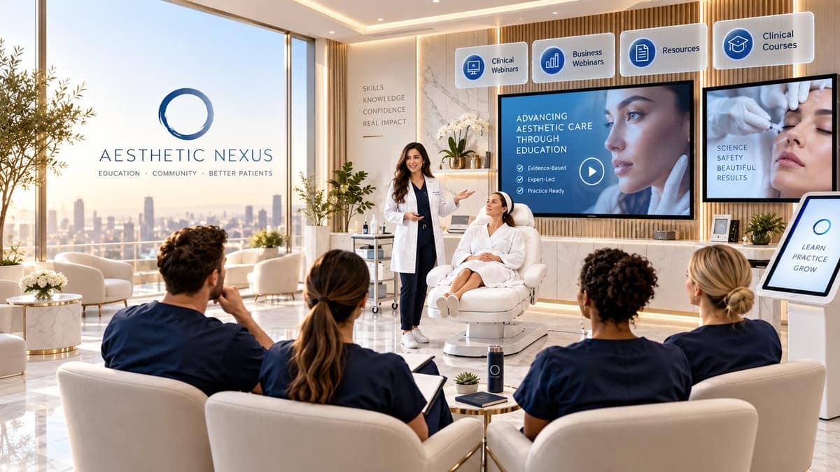 The Aesthetic Nexus — a clinician presenting a live treatment demonstration to a seated medspa team, with screens for clinical webinars, business webinars, resources and clinical courses