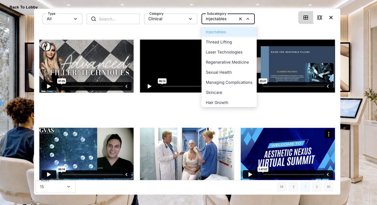 The Aesthetic Nexus library — webinars and courses filtered by type, category and subcategory, with subcategories including injectables, thread lifting, laser technologies, regenerative medicine, sexual health, managing complications, skincare and hair growth