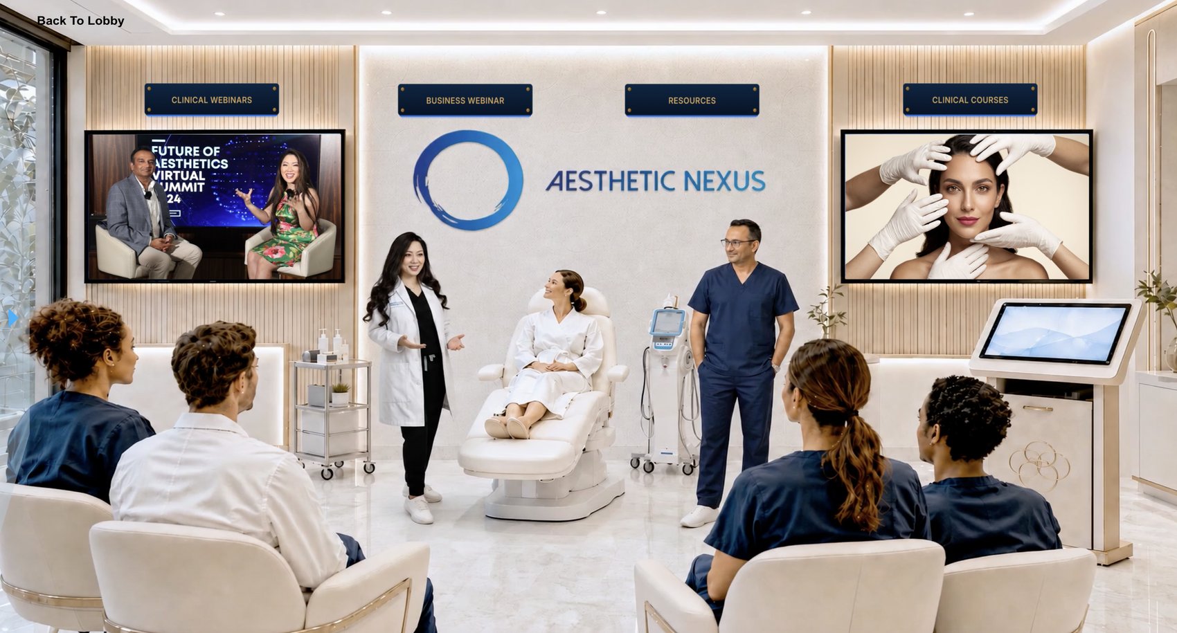 The Aesthetic Nexus immersive room — a medspa treatment demonstration in front of a seated audience, with wall screens and signposts for Clinical Webinars, Business Webinar, Resources and Clinical Courses
