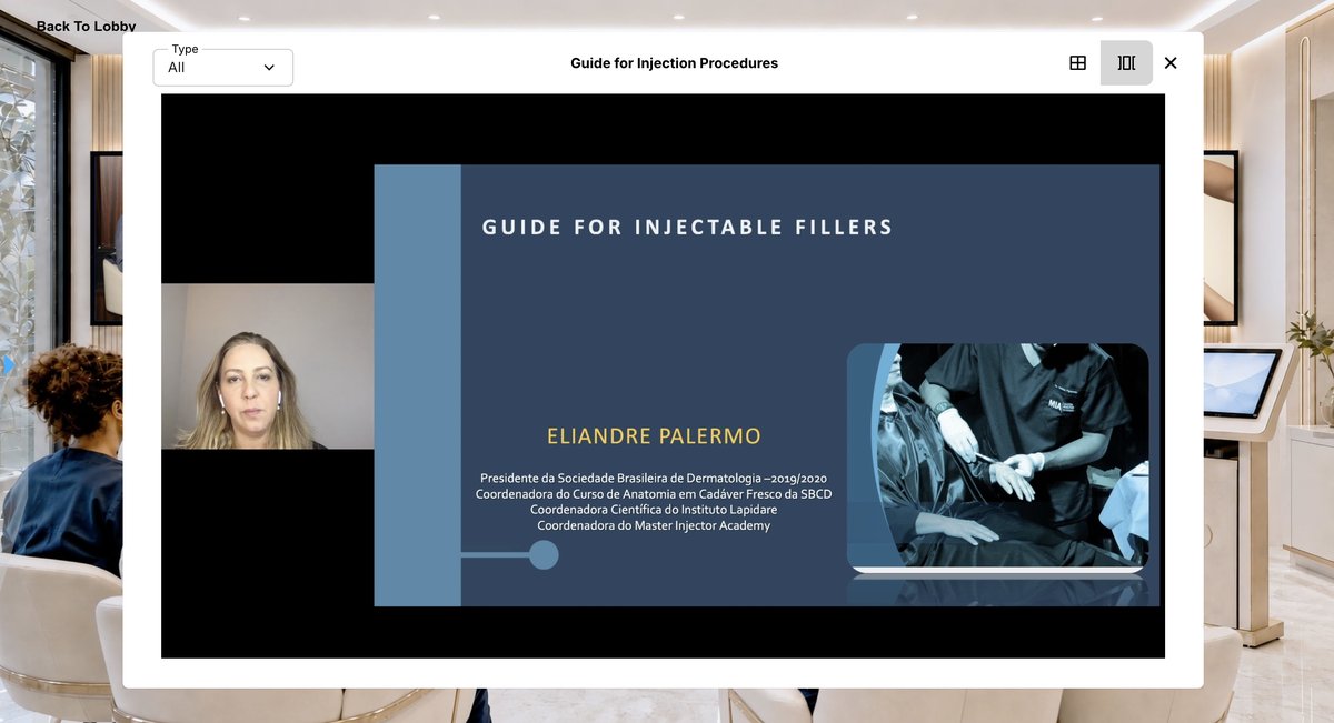 A webinar playing inside the Aesthetic Nexus — “Guide for Injection Procedures”, presented by Eliandre Palermo, with the speaker alongside her slides