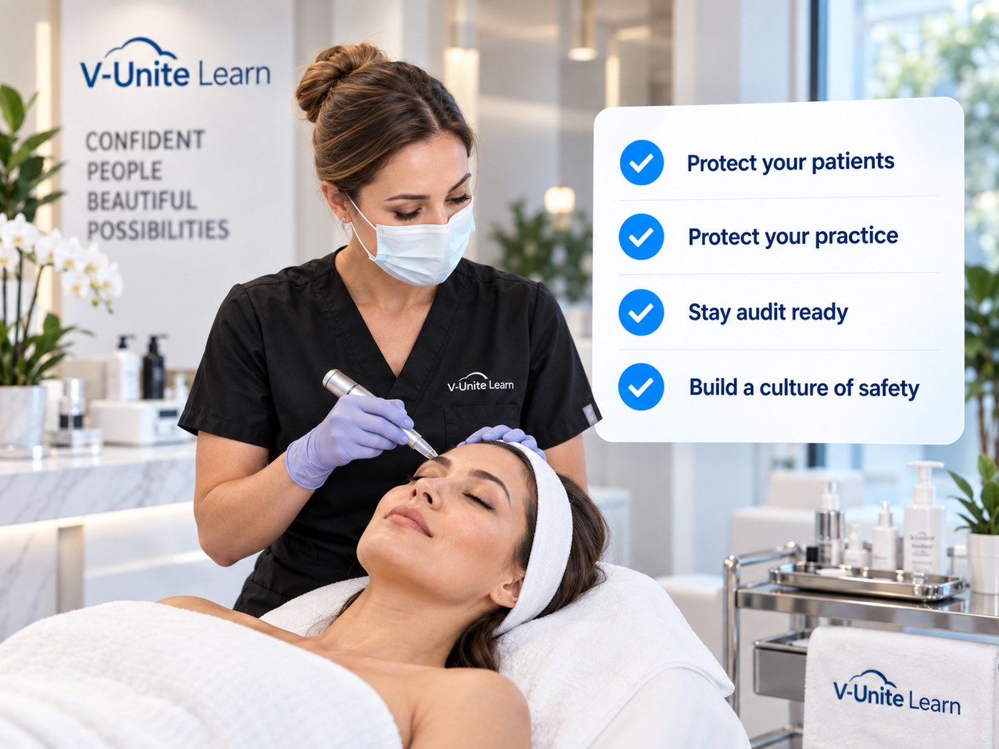 A practitioner delivering a treatment, alongside a checklist — protect your patients, protect your practice, stay audit ready, build a culture of safety