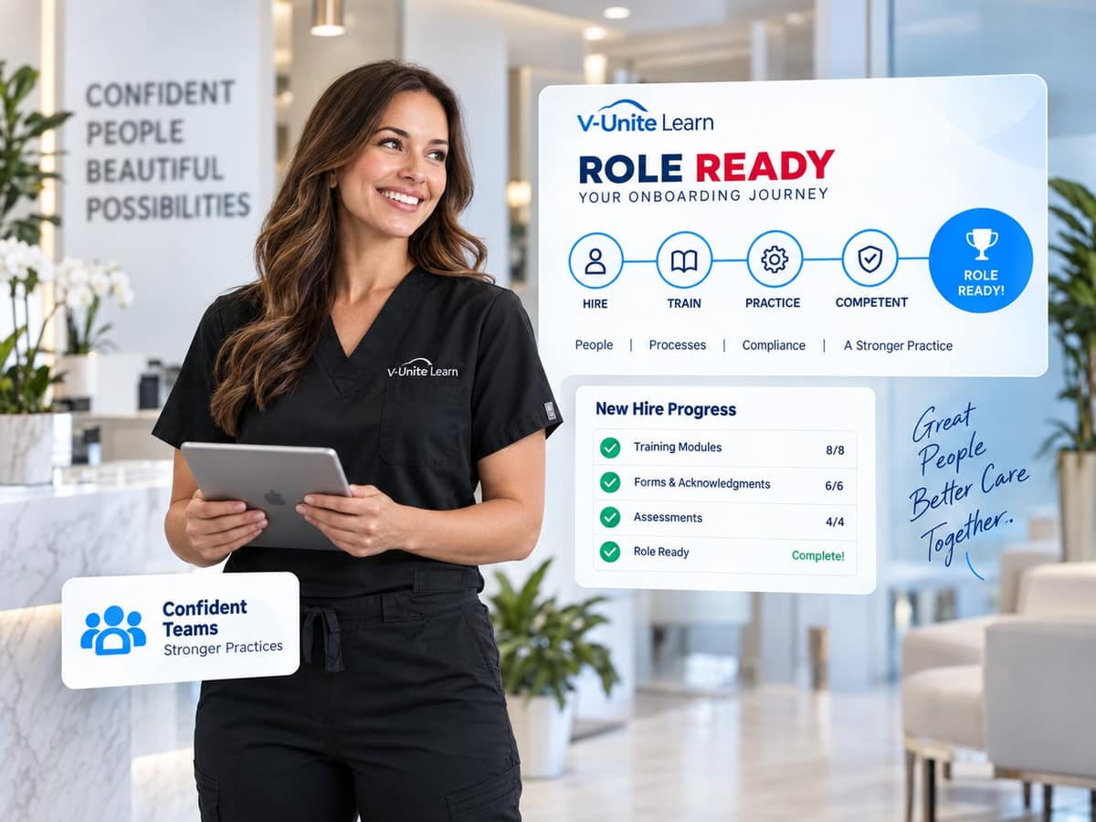A team member holding a tablet beside a Role Ready onboarding journey: hire, train, practice, competent, role ready.