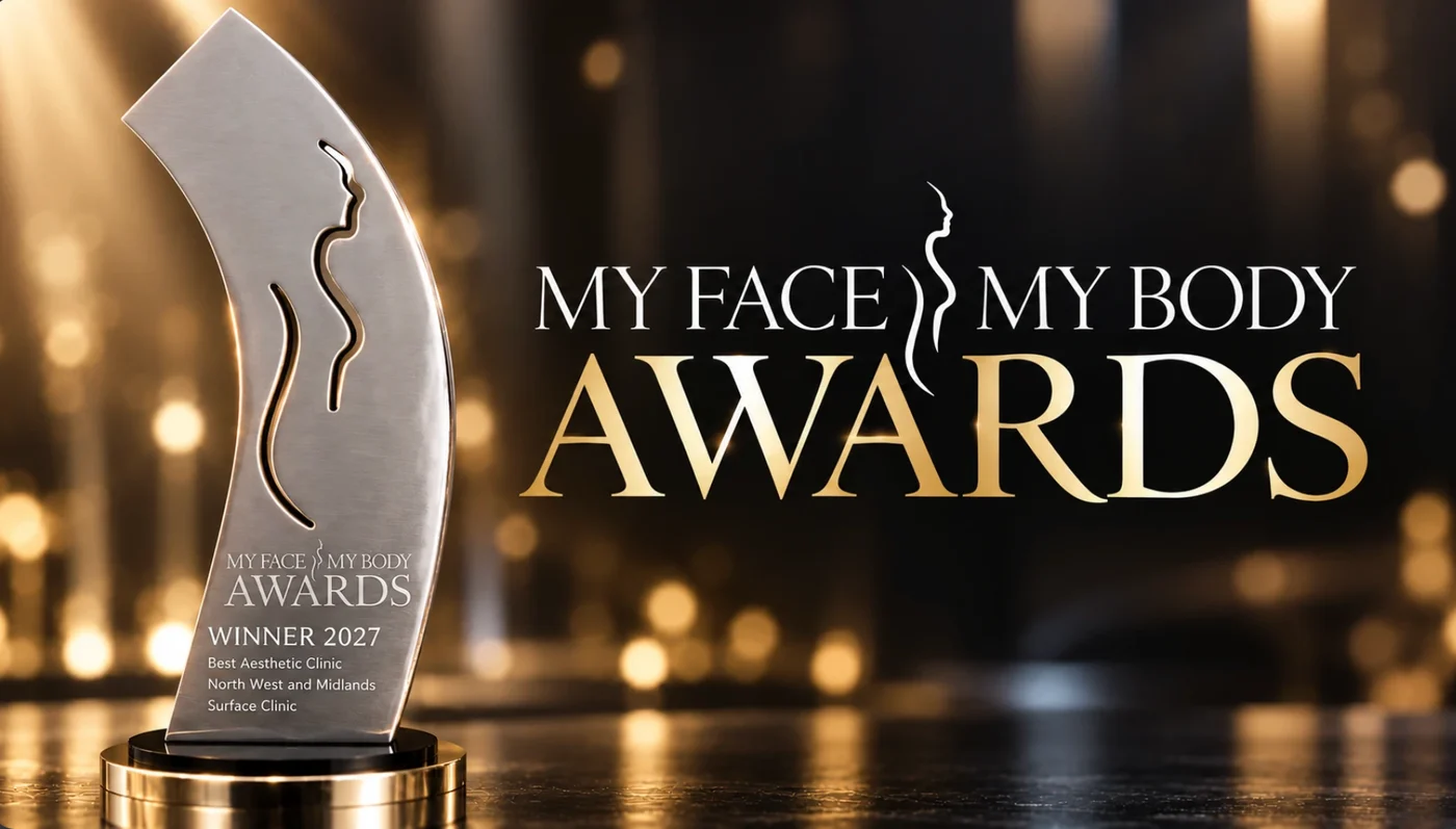 The MyFaceMyBody Awards logo beside the award trophy, engraved Winner 2027, Best Aesthetic Clinic, North West and Midlands, Surface Clinic