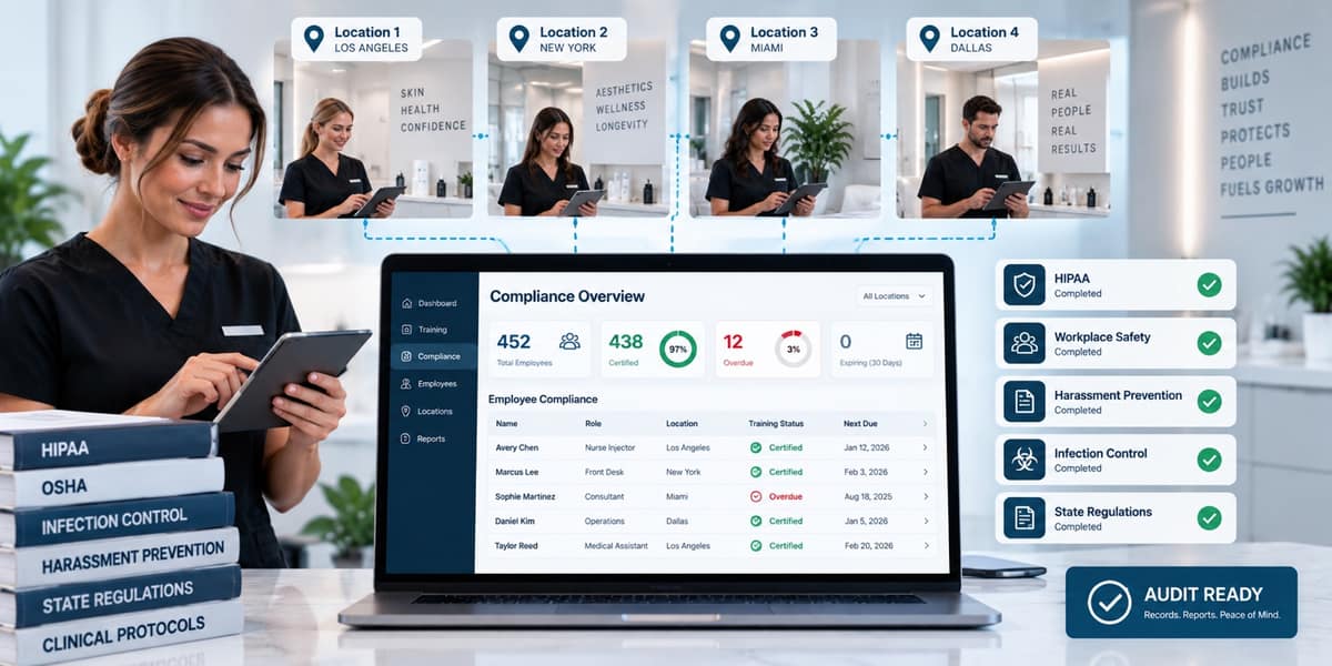 A multi-location compliance dashboard: four locations — Los Angeles, New York, Miami and Dallas — feeding one Compliance Overview showing 452 total employees, 438 certified (97%), 12 overdue, and an employee compliance table with roles, locations and next-due dates. HIPAA, Workplace Safety, Harassment Prevention, Infection Control and State Regulations are all marked complete, with an Audit Ready badge.