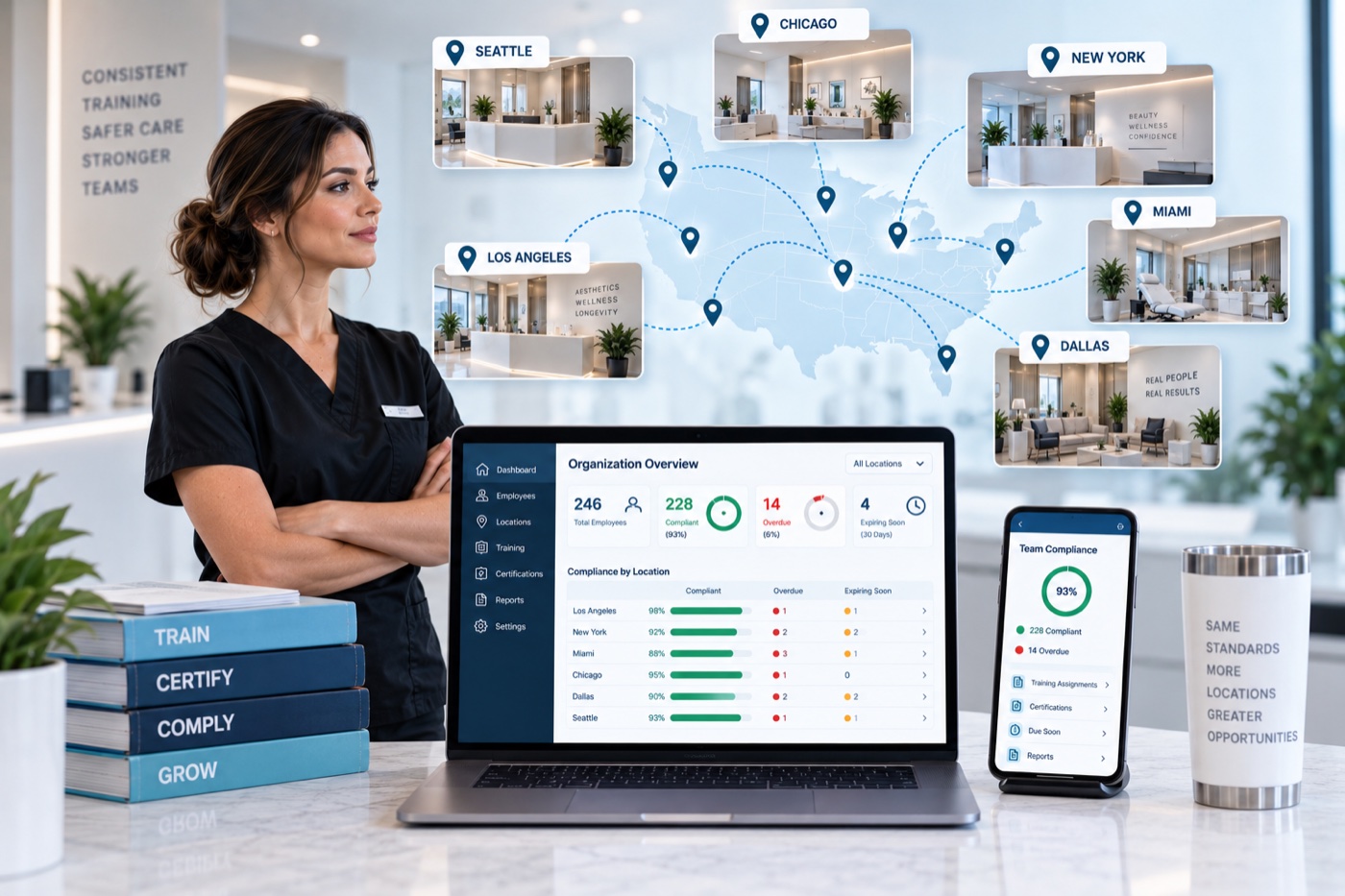 A regional manager beside an Organization Overview dashboard: 246 total employees, 228 compliant (93%), 14 overdue, 4 expiring soon, with a compliance-by-location breakdown for Los Angeles, New York, Miami, Chicago, Dallas and Seattle and a phone showing 93% team compliance.