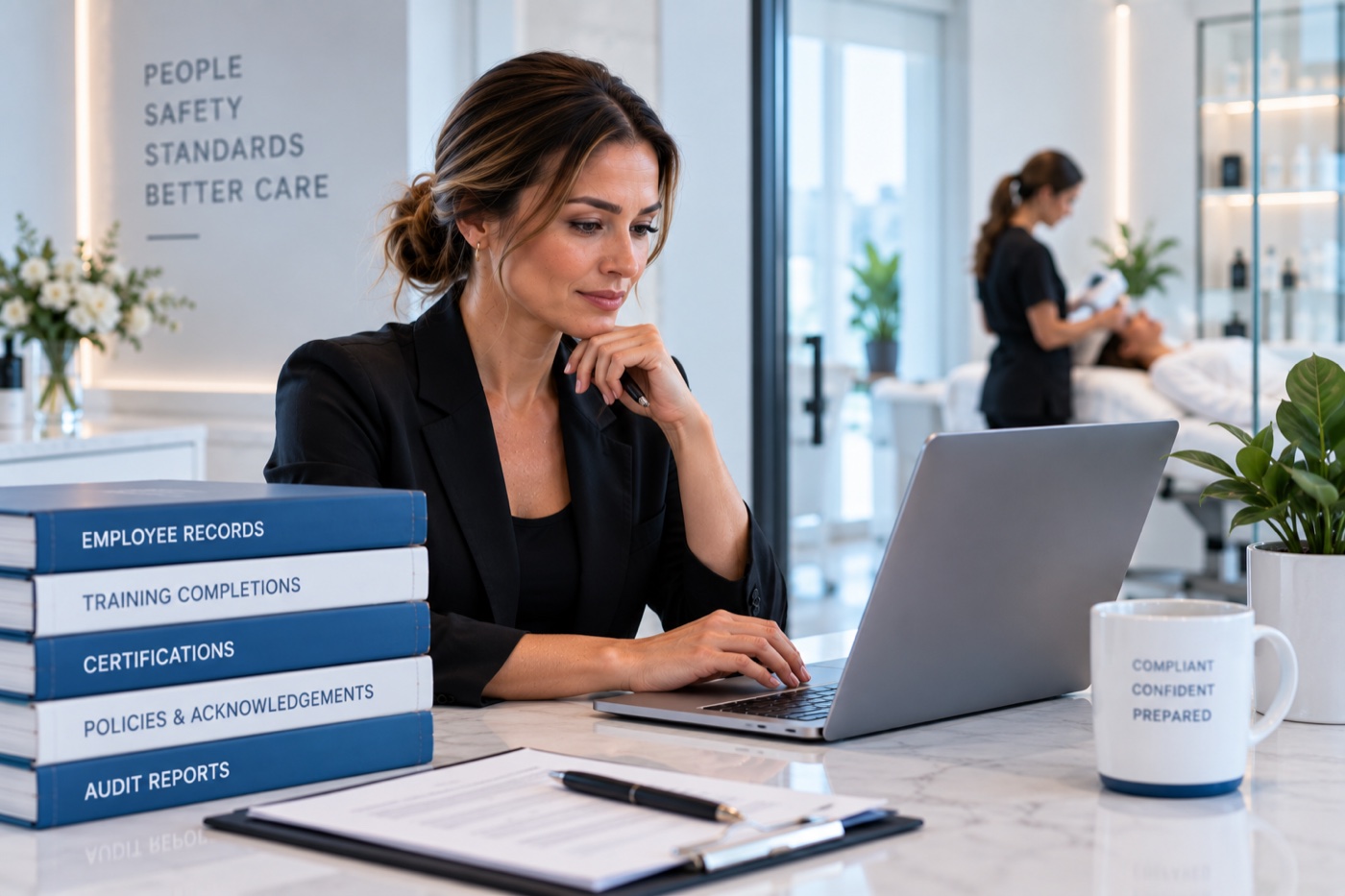 A compliance lead working at a laptop next to a stack of labeled binders — Employee Records, Training Completions, Certifications, Policies & Acknowledgments, Audit Reports — and a clipboard, ready for an audit.