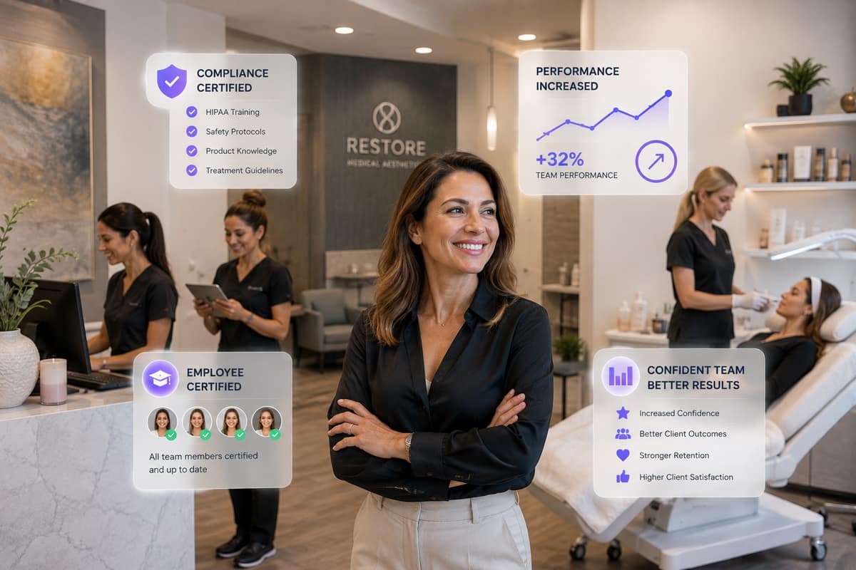 The V-Unite Learn virtual academy: a bright medspa reception with doors to the Onboard, Perform and Educate rooms.
