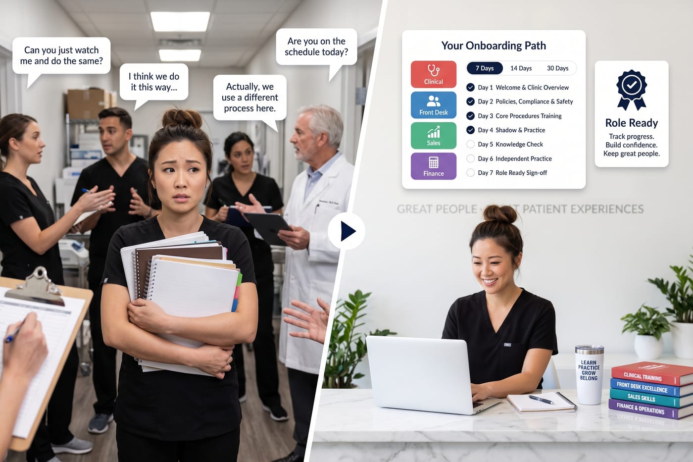 Before: a new hire cornered by colleagues — “can you just watch me and do the same?”, “I think we do it this way…”, “actually, we use a different process here.” After: the same person working through Your Onboarding Path — a 7, 14 or 30-day schedule with Clinical, Front Desk, Sales and Finance tracks, day-by-day steps and a Role Ready sign-off.