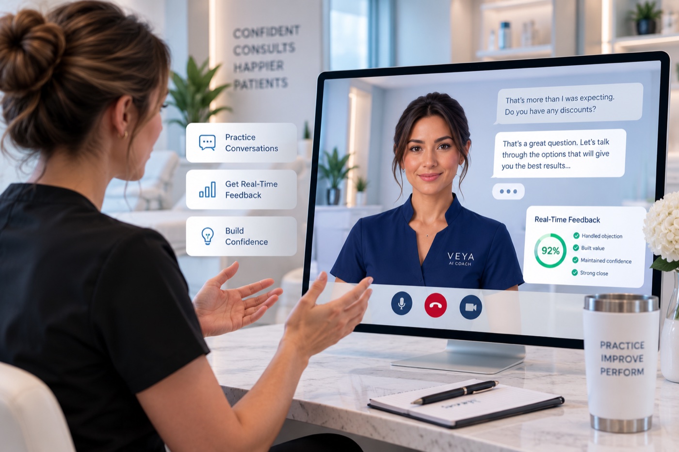 A practitioner rehearsing a pricing conversation with Veya, the AI Coach, on screen — the patient asks about discounts, the practitioner reframes to value, and a Real-Time Feedback panel scores 92%: handled objection, built value, maintained confidence, strong close.