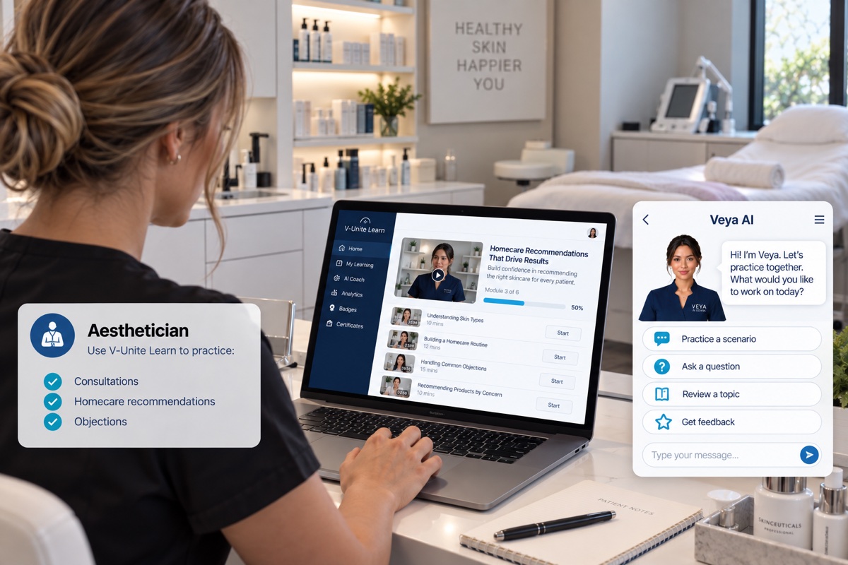 An aesthetician working through V-Unite Learn on a laptop — a Homecare Recommendations module and a Veya AI chat offering to practice a scenario, ask a question, review a topic or get feedback.