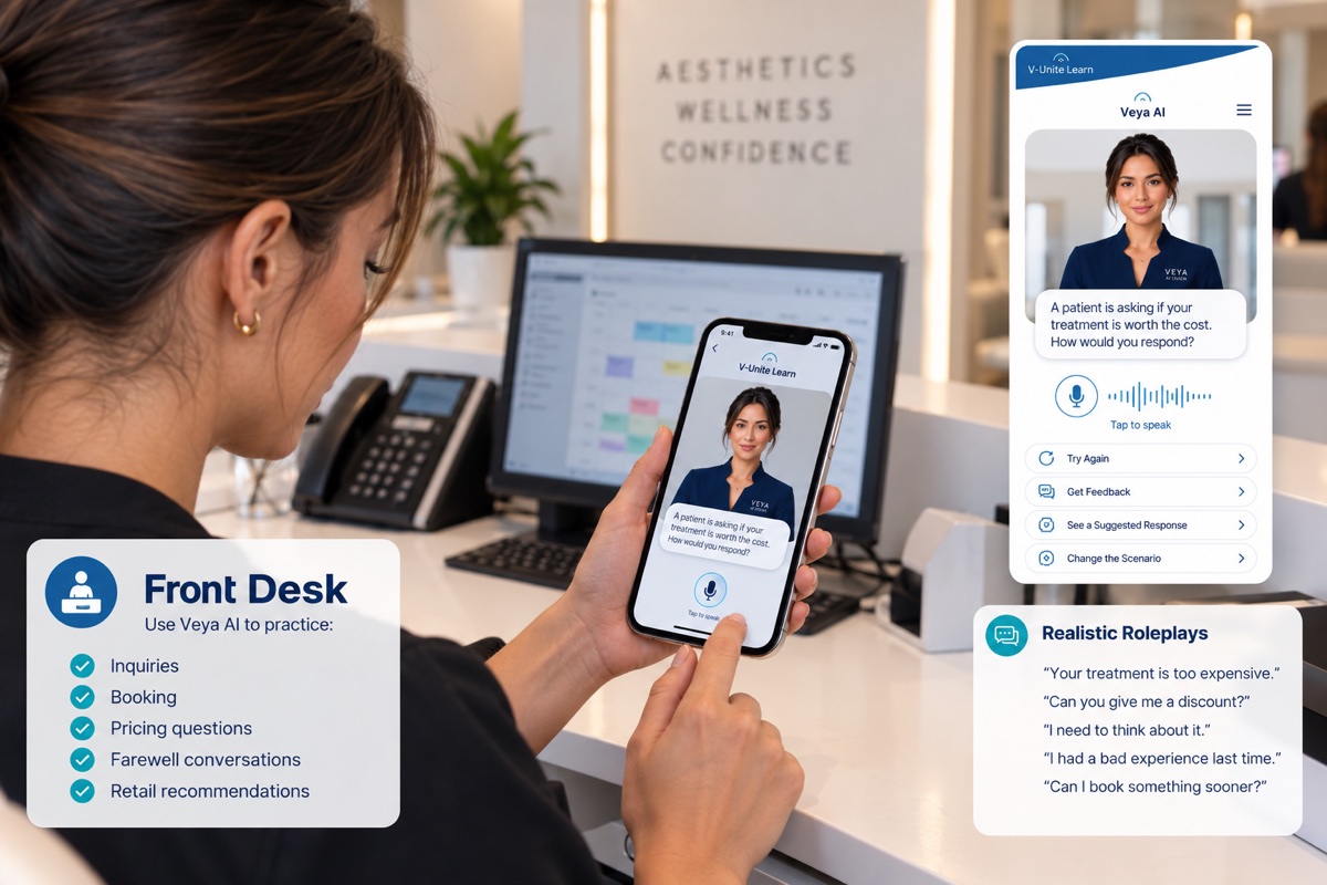 A front-desk coordinator practicing with Veya AI on her phone — Veya asks how she would respond to “is the treatment worth the cost?” — alongside a Realistic Roleplays panel of lines like “can you give me a discount?” and “I need to think about it.”