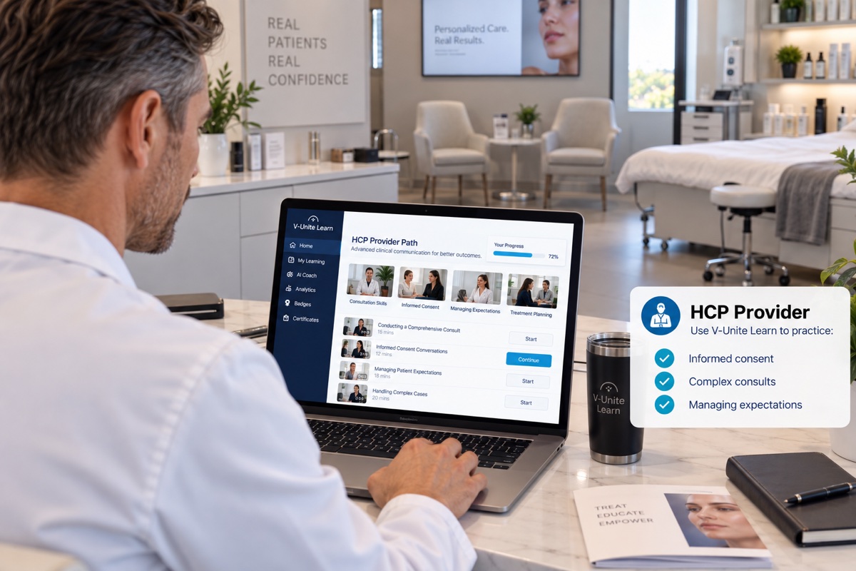 An HCP provider practicing informed-consent and complex-consult conversations with Veya AI in V-Unite Learn.