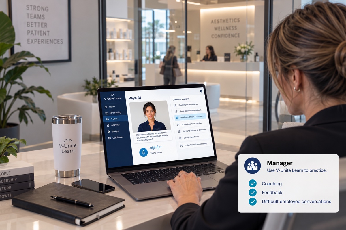 A manager rehearsing coaching and difficult-employee conversations with Veya AI in V-Unite Learn.