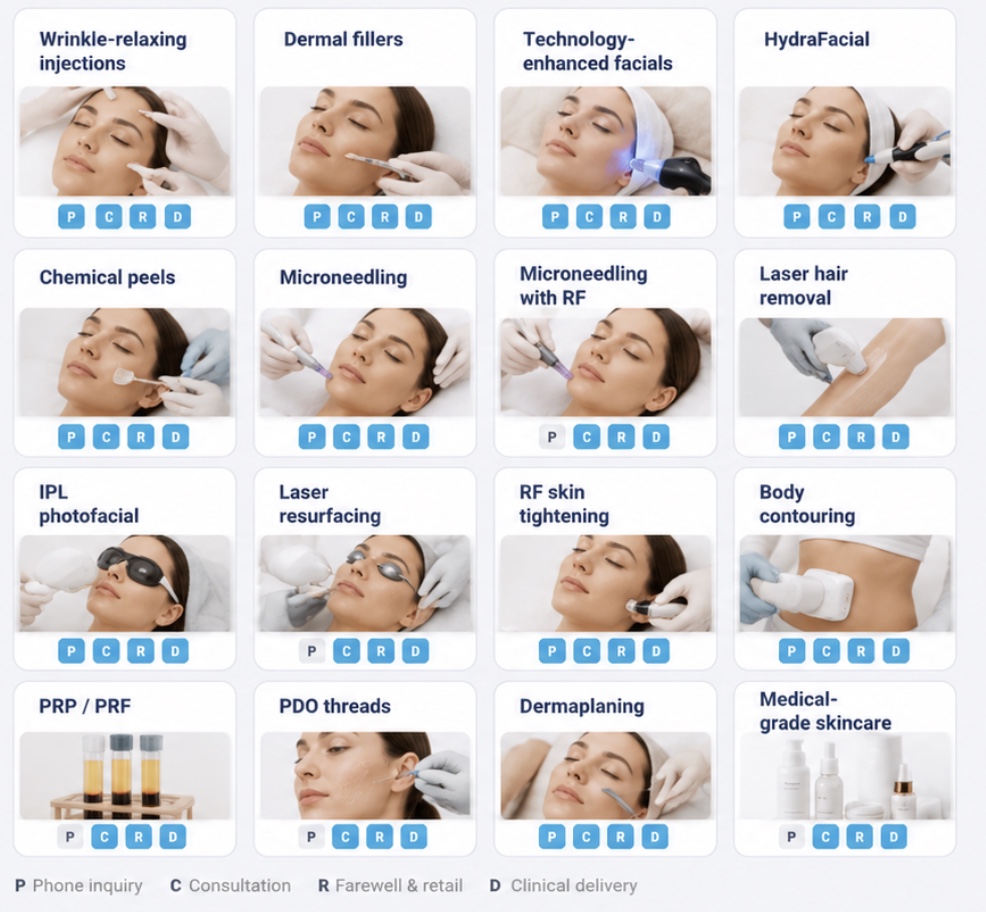 Treatment learning library: 16 lines — wrinkle-relaxing injections, dermal fillers, technology-enhanced facials, HydraFacial, chemical peels, microneedling, microneedling with RF, laser hair removal, IPL photofacial, laser resurfacing, RF skin tightening, body contouring, PRP/PRF, PDO threads, dermaplaning and medical-grade skincare. Each tile marks the sub-stages it covers: phone inquiry, consultation, farewell & retail, clinical delivery.